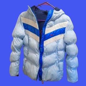 Nike Hooded Puffer Coat Light Blue, White & Royal Blue Women's Small